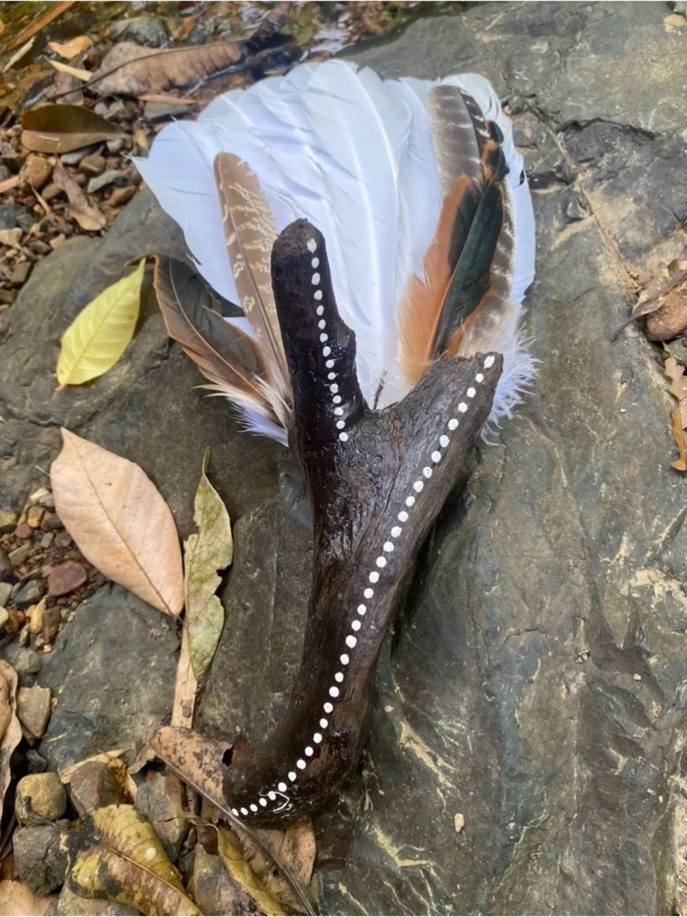 Handcrafted Smudge fan Brown Driftwood Fish Ornament with White Feather Accent